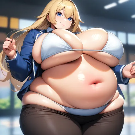 (masterpiece quality, high resolution, detailed background:1.25), (solo, 1  very curvy highschool girl:1.5), bikini, (cool, boyish:1.25), (large heavy fat jiggly bouncy wobbly motherly breasts:1.35), looking at viewer, smile, long blonde hair, beautiful bl...