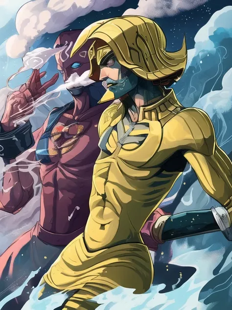 ((Anime)), ((melhor qualidade)), personagem pardo, com roupas grunge, cap on your head, com um cachimbo e bigode. Com um Stand como do anime JoJo, this stand with humanoid characteristics, vestido algo como roupas da era vitoriana, its back looks like smok...