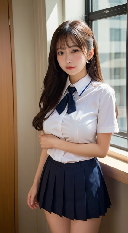 A girl、漂亮又beauty的眼睛、Lovely、Professional lighting、best quality、beauty、(Uniforms: 1.5)、indoor、Ponytail、(Large Breasts: 1.3)、Proportionate face、School、Beautiful legs、whole body