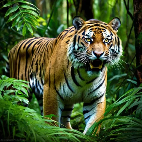 (highres:1.2),(realistic:1.37),tiger,jungle,stalks through the jungle,seeking prey,ferocious,striking,green foliage,thick vines,...