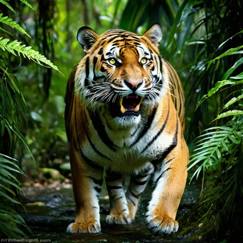 (highres:1.2),(realistic:1.37),tiger,jungle,stalks through the jungle,seeking prey,ferocious,striking,green foliage,thick vines,...