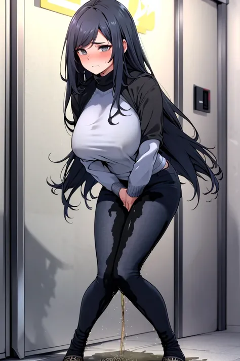 A woman with very long black hair, (very long hair:1.25) and (long bangs:1.5), wearing a stylish wool turtleneck sweater with jeans, long sleeves, (low-rise jeans:1.25), (low-cut jeans:1.25), standing. The artwork is inspired by manga and incorporates a do...