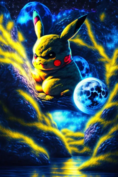 pikachu usando trueno, pikachu enojado(full moon background,blue moon),(best quality,highres,masterpiece:1.2),vibrant colors,rea...