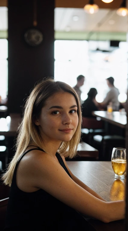 A cute blonde woman with dark theme, sitting in a restaurant, close-up, perfect anatomy