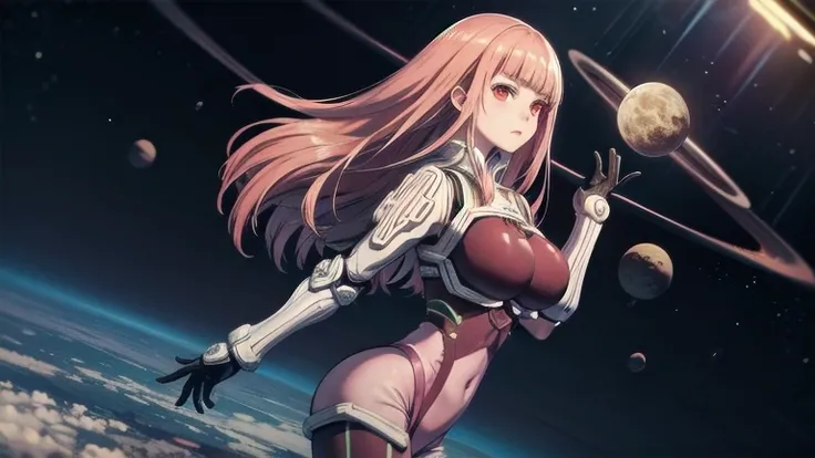 masterpiece, best quality, kenmarinaris, red eyes, bodysuit, shoulder pads, gauntlets, black gloves, cowboy shot, from side, outer space, looking at viewer, neutral expression, large breasts 