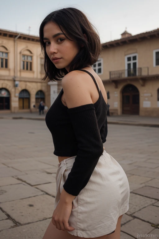 Chica con cabello negro emo bonita y persiba real en la plaza de armas de Cusco 