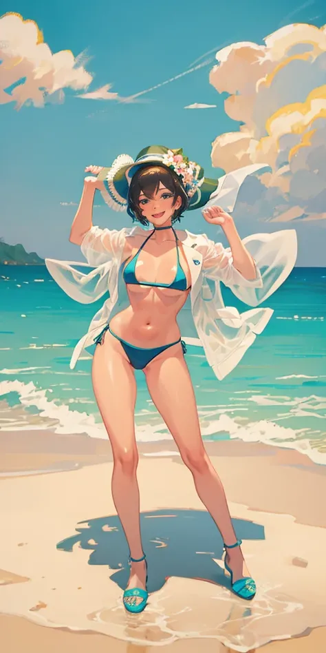 Full body image, face and hairstyle looks just like Nijou Shizue, beach, swimsuit, slim body, big breasts, huge breasts, beautiful breasts, beautiful legs, long legs, high heels, small buttocks, gravure idol, campaign girl, smile, natural pose, Clear blue ...