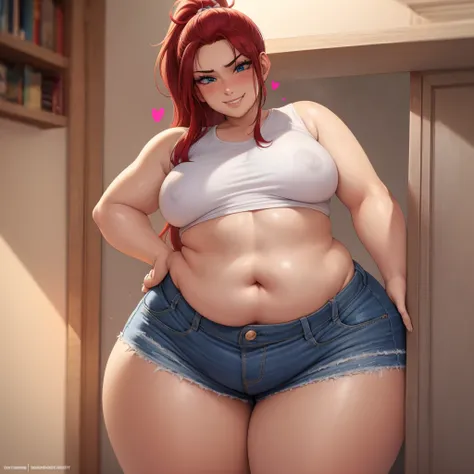 Your beautiful gorgeous sexy curvy tomboy girlfriend wearing a crop top and booty shorts,solo, blushing, grinning, accidentally cute pose, she knows you’re trying to make her fatter, she loves you, heavy chubby belly, wide hips, massive round heavy breasts...