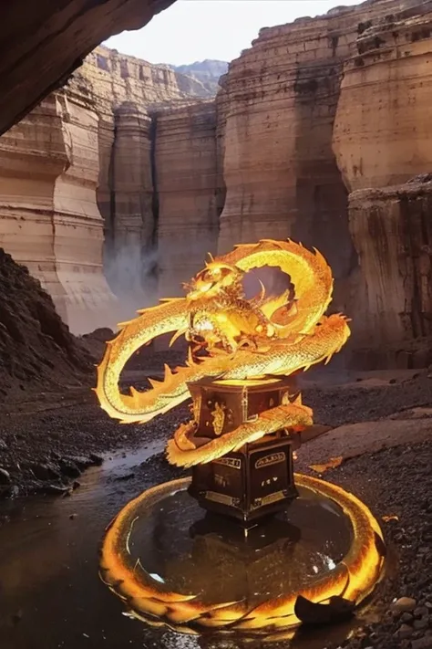 So sublime and divine々A beautiful golden dragon coiled up in the center of the screen, glaring at the camera.。The surrounding area is a canyon where no one can get close, and lightning is flashing in the background.、The sun is shining brightly