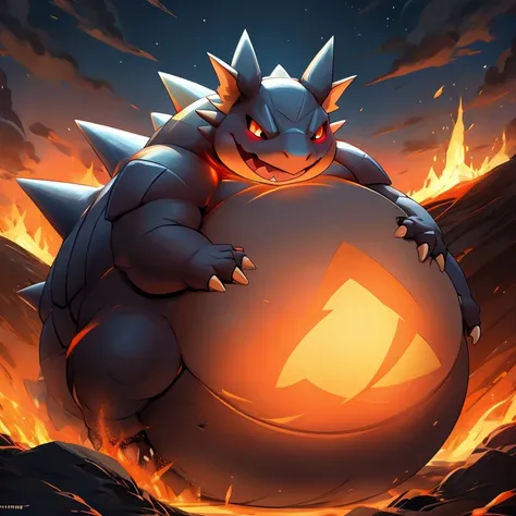 Pokemon rhydon, massive belly, obese, stomach is triangular, body is buried due to fat, stomach is like a giant balance ball, stomach glowing red, lustful expression, in a volcano 