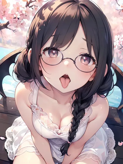 Very detailed, highest quality, High resolution, Moe Anime, ((A cute girl with black hair and droopy eyes leans forward)), ((Wearing large round glasses:1.4)), (Baby Face), Cute eyes, Detailed eye depiction, Sparkle in the eyes, View your viewers, Pale ski...