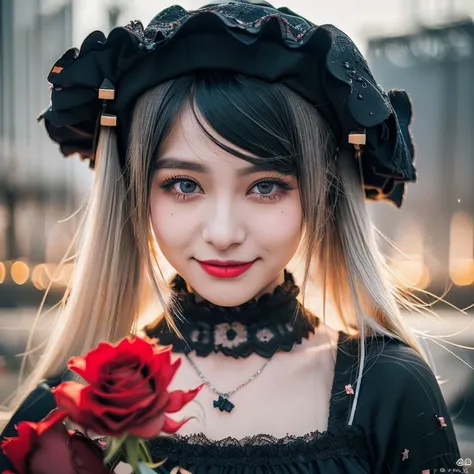 (smile:1.４）,(looking at the viewer:1.4)、Red Gothic Lolita、bonnet、,(face focus),break,、beautiful woman、miserable、fine eyes、black eye、Industrial Landscape、blonde、twin tail hair、black dark eyeshadow、Good skin gloss、particle、rose petals、