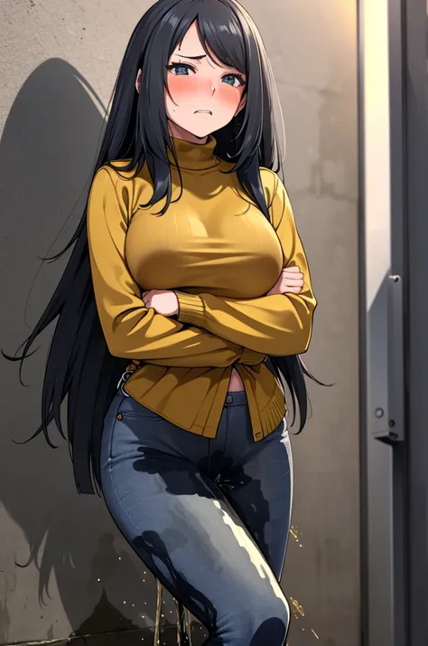 A woman with very long black hair, (very long hair:1.25) and (long bangs:1.5), wearing a stylish wool turtleneck sweater with jeans, long sleeves, (low-rise jeans:1.25), (low-cut jeans:1.25), standing. The artwork is inspired by manga and incorporates a do...