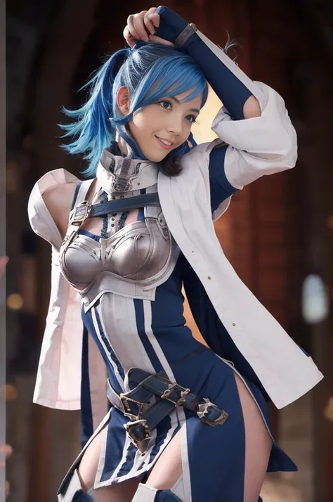 Cynthia, Two Tails, Thighs, armor, short dress, boots, thigh boots, dress, Elbow hand pockets, zettai ryouiki, breastplate, shoulder armor, belt, Garter Straps, Blue hair masterpiece, highest quality, Disorganized, Castle gardens, smile, Watching the audie...