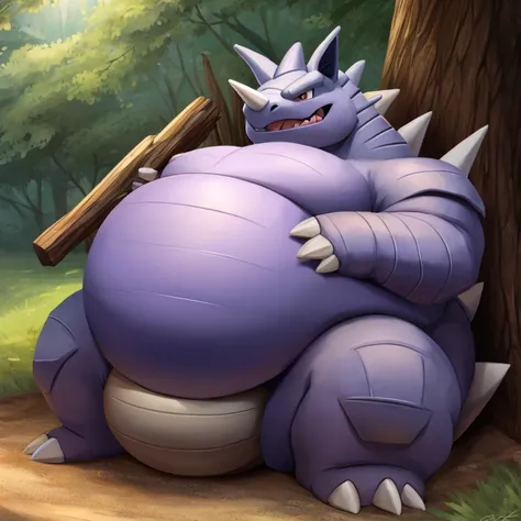 Pokemon rhydon, soft belly, massive belly, obese, stomach is triangular, body is buried due to fat, stomach is like a giant balance ball, laying on stomach, rape face