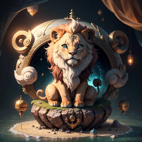 Configuring centering, Symmetrical Configuration, Small cute lion, Anchored to an otherworldly location by magical anchors, Very detailed, high quality, 4K, Ultra-high resolution