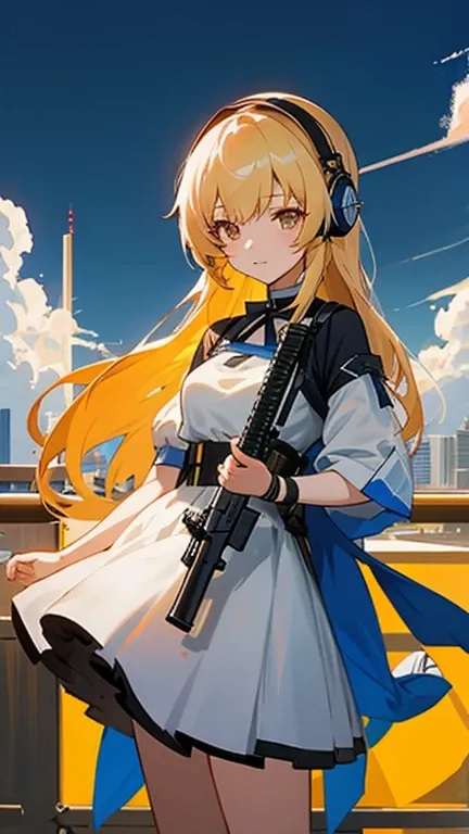 Anime girl wearing headphones and white dress standing in front of the city, From the Azur Lane video game, Azure Lane style, Girls Frontline style, from Girls Frontline, from the night of the ark, Girls Frontline universe, Girls Frontline cg, 《Azur route》...