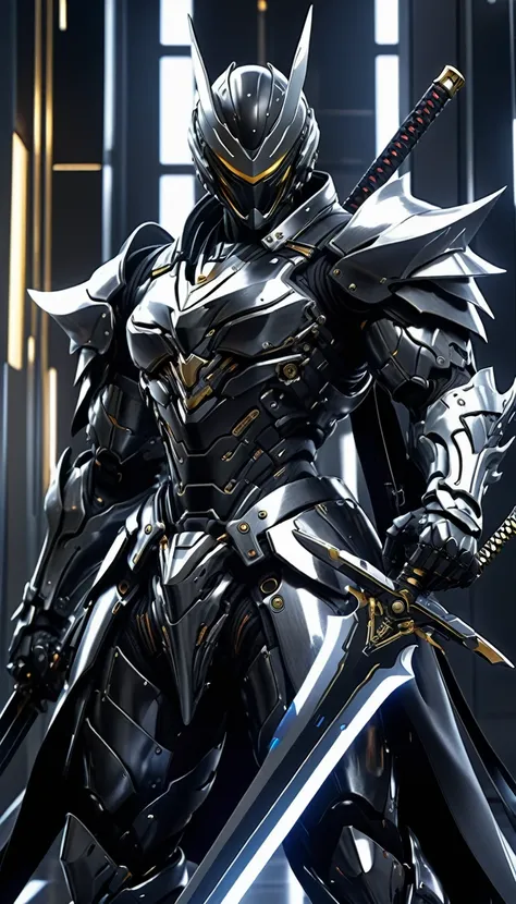 arafed man in a black suit with a sword and a helmet, covered in full metal armor, raiden metal gear, stylish cyborg armor, cove...