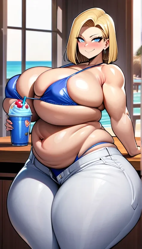 best quality, high-res, and18, 1girl, android 18, solo, blonde hair, blue eyes, thong bikini, hyper massive fat heavy breasts, cowboy shot, beach, very wide fat hips, very tight bikini, sexy mischievous smile, very deep cleavage, massive wide fat round ass...