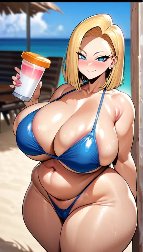 best quality, high-res, and18, 1girl, android 18, solo, blonde hair, blue eyes, thong bikini, hyper massive fat heavy breasts, cowboy shot, beach, very wide fat hips, very tight bikini, sexy mischievous smile, very deep cleavage, massive wide fat round ass...