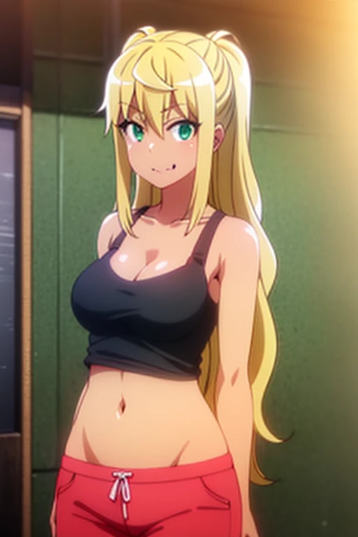 HIBIKI SAKURA, LONG HAIR, BLONDE HAIR, HAIR BETWEEN EYES, TWINTAILS, (GREEN EYES:1.3), FANG, DARK SKIN, DARK-SKINNED FEMALE, GYARU, 1girl, solo, upper body, facing viewer, (looking at viewer:1.5), in the center, smile, SHIRT, CLEAVAGE, BARE SHOULDERS, COLL...