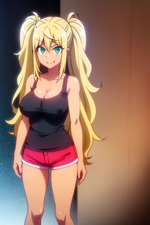 HIBIKI SAKURA, LONG HAIR, BLONDE HAIR, HAIR BETWEEN EYES, TWINTAILS, (GREEN EYES:1.3), FANG, DARK SKIN, DARK-SKINNED FEMALE, GYARU, 1girl, solo, full body, facing viewer, (looking at viewer:1.5), in the center, smile, SHIRT, CLEAVAGE, BARE SHOULDERS, COLLA...