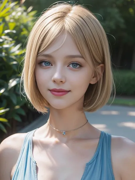 8K,Masterpiece,One woman,Smile,Age 25,blue eyes,Blonde Hair,Short Bob Hair,Light blue dress,Ella Freya, a beautiful Dutch YouTuber（Ella Freya),Bust up photo