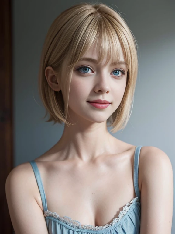 8K,Masterpiece,One woman,Smile,28 years old,blue eyes,Blonde Hair,Short Bob Hair,Light blue dress,Ella Freya, a beautiful Dutch YouTuber（Ella Freya),Bust up photo