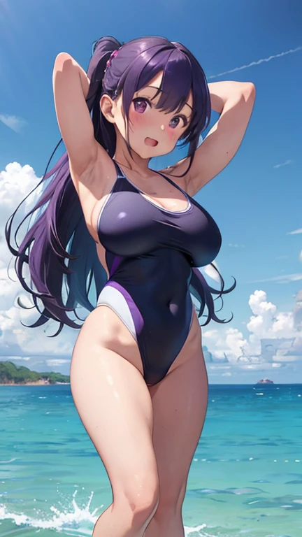 masterpiece、highest quality、Very detailed、Photograph the upper body、1 female、(Arms behind your back:1.4)、Are standing、Turn your body forward、View your viewers、(Swimsuit:1.2)、blush、shy、Purple Hair、Open your mouth、Ocean、Big Breasts、