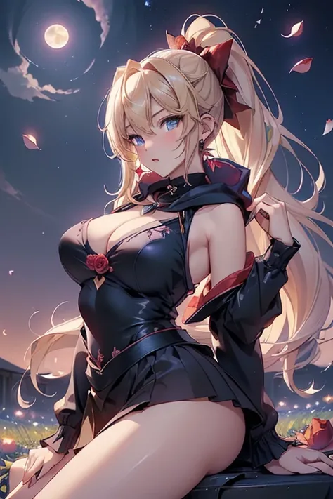 top-quality、Top image quality、​masterpiece、girl with((18year old、Best Bust、big bast,Beautiful blue eyes、Breasts wide open, Blonde ponytail、A slender,Large valleys、Black hoodie、Red and black skirt、Sleeveless、Ruby Earrings、Sit up、posterior view)）hiquality、Be...