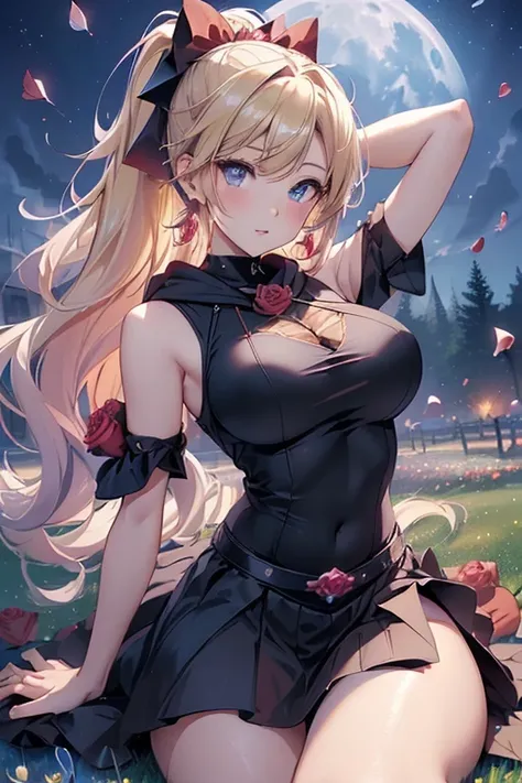 top-quality、Top image quality、​masterpiece、girl with((18year old、Best Bust、big bast,Beautiful blue eyes、Breasts wide open, Blonde ponytail、A slender,Large valleys、Black hoodie、Red and black skirt、Sleeveless、Ruby Earrings、Sit up、posterior view)）hiquality、Be...