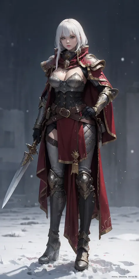 full body standing straight symmetrical, FEMALE warrior princess, big belt around waist, hair, very white skin like snow, wearing full heavy armor red cape, brown leather boots, adventurer outfit, veteran warrior MILF bimbo