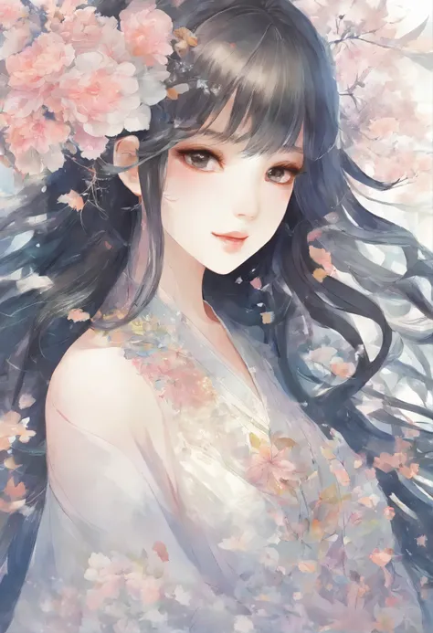 Women and bouquets，She looked at me with very beautiful and kind eyes.Detailed Schneider pastel ink, soft and fantastic, Fluffy, (Extremely fine and beautiful), (perfect  detail)、(Pastel color),Soft texture:1.2.(masutepiece, Best quality), (finely detailed...