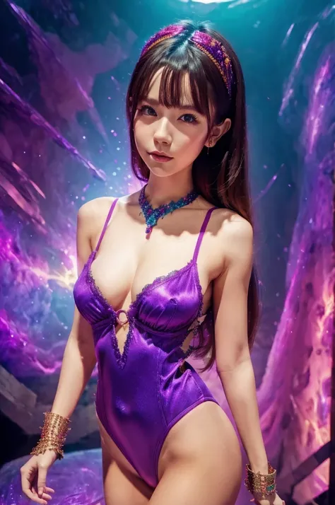 best quality, 8k, highly detailed face and skin texture, high resolution, sexy girl in colorful bodysuit, fantastic style background image, magical style, sharp focus