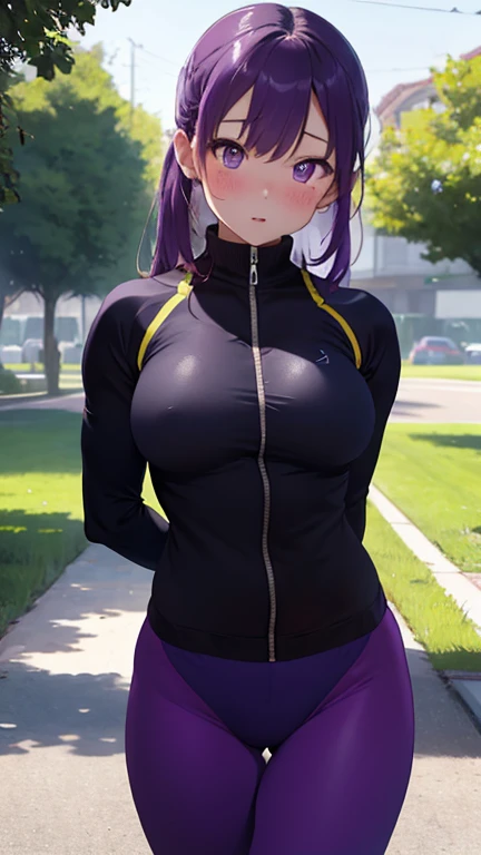 masterpiece、highest quality、Very detailed、Photograph the upper body、1 female、(Arms behind your back:1.4)、Are standing、Turn your body forward、View your viewers、(Gym suit:1.2)、blush、shy、Purple Hair、Open your mouth、outdoor sports ground、Big Breasts、