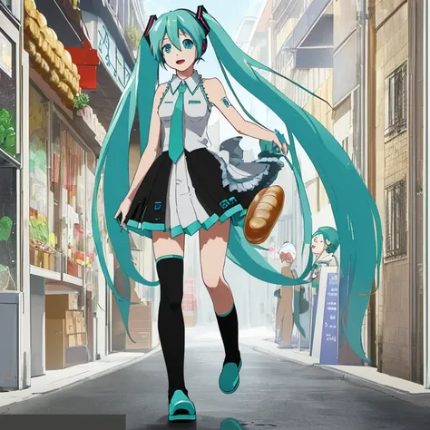 Hatsune Miku walking a French bread