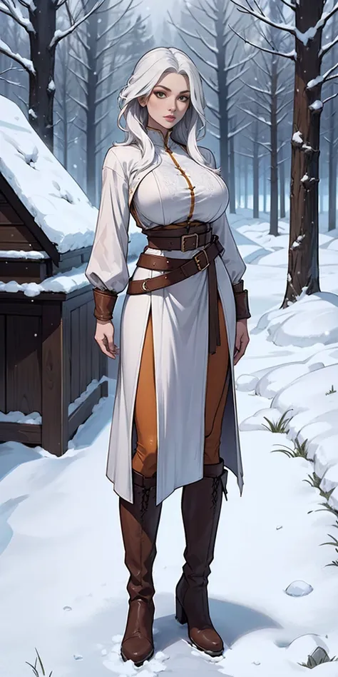 full body standing straight symmetrical, female warrior princess, big belt around waist, hair, very white skin like snow, wearin...