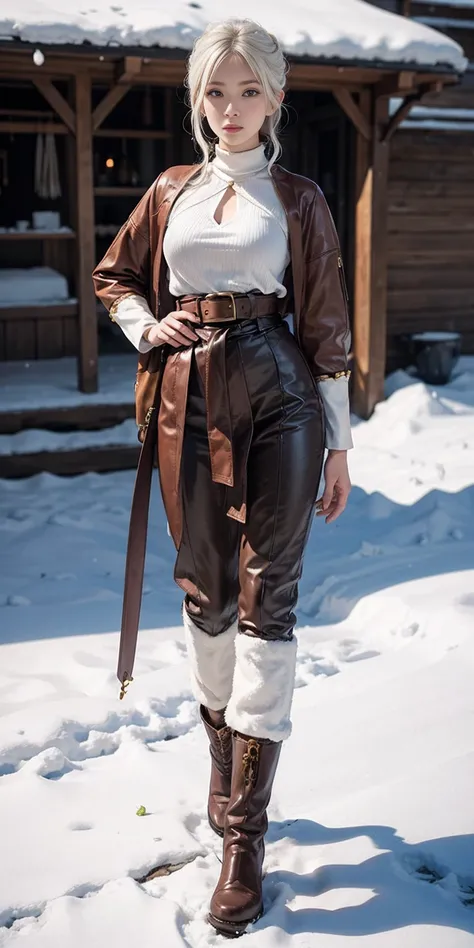 full body standing straight symmetrical, FEMALE warrior princess, big belt around waist, hair, very white skin like snow, wearing full HERBALIST CLOTHES, brown leather boots, HERBALIST outfit, MILF bimbo