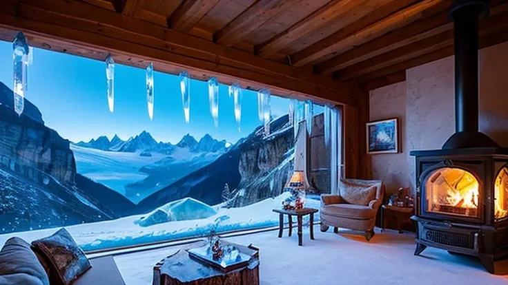 Ice palace: glacier Ice cave office,

Location: Swiss Alps,
Suite: grotto decorated with ice sculptures and crystals,
Views: blue-tinged glacier views, magical space with glistening icicles,
Equipment: wood-burning stove, hot chocolate pot, reading lamp, 
...