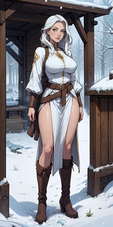 full body standing straight symmetrical, female warrior princess, big belt around waist, hair, very white skin like snow, wearin...