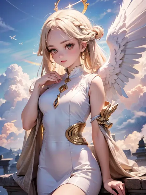 masterpiece, highest quality, Very detailed, 16k, Ultra-high resolution, Cowboy Shot, One 12-year-old girl, Detailed face, Perfect Fingers, Angel halo on head, Golden Eyes, Blonde, Braid, Thin and light clothing, Angel wings growing on the back, Above the ...