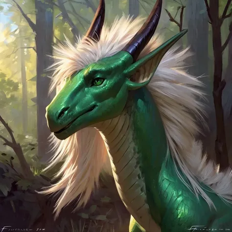 Detailed painting, by Taran Fiddler, solo, dragon, full body, feral, forest, dragoness, gentle, shimmering green scales, slender body, ((long snout)), curved horns, long straight white mane, deep green eyes