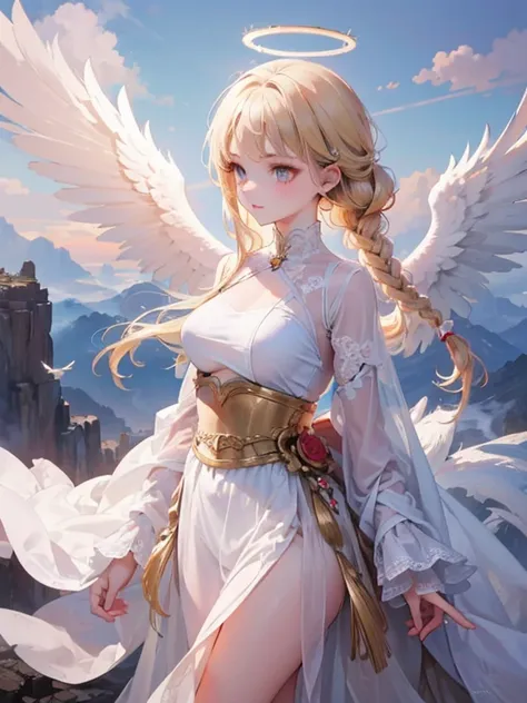 masterpiece, highest quality, Very detailed, 16k, Ultra-high resolution, Cowboy Shot, One 12-year-old girl, Detailed face, Perfect Fingers, Angel halo on head, Golden Eyes, Blonde, Braid, Thin and light clothing, Angel wings growing on the back, Above the ...