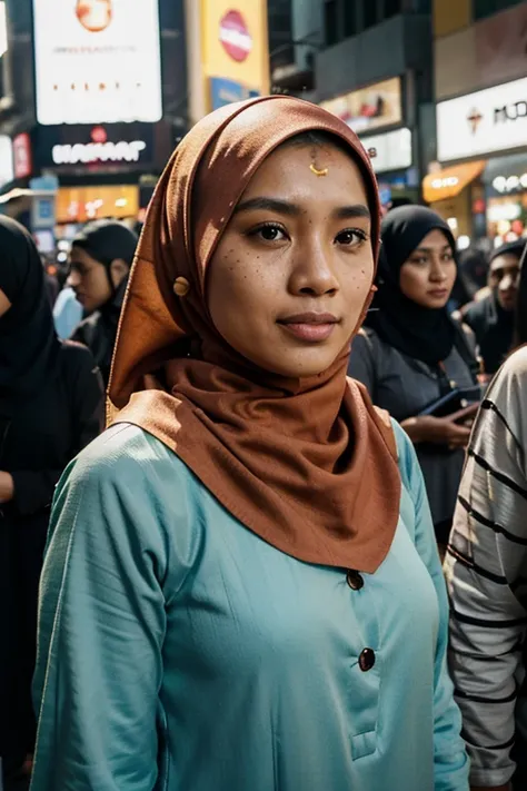 candid Malay Muslim woman with little freckles on face Hijab in vibrant Bukit Bintang streets, symmetrical composition, 35mm, cinematic photography --ar 5:4 --s 200