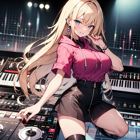 highest quality、4k、masterpiece、Blonde、Slanted Eyes、blue eyes、Pale skin、Gal、Pink hoodie、Her zipper is open, exposing her breasts、Have many ear piercings、Pink Lips、Heavy makeup、Large Breasts、Short skirt、Knee-high boots、DJing live、DJ Turntable、synthesizer、mix...