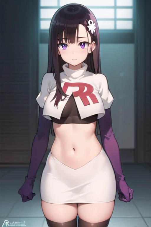 hitomihino, hitomi hino, long hair, black hair, hair ornament, (purple eyes:1.1),
BREAK team rocket,team rocket uniform,white skirt,red letter R,crop top,black thigh-highs,black elbow gloves,
BREAK looking at viewer, cowboy shot,
BREAK (masterpiece:1.2), b...