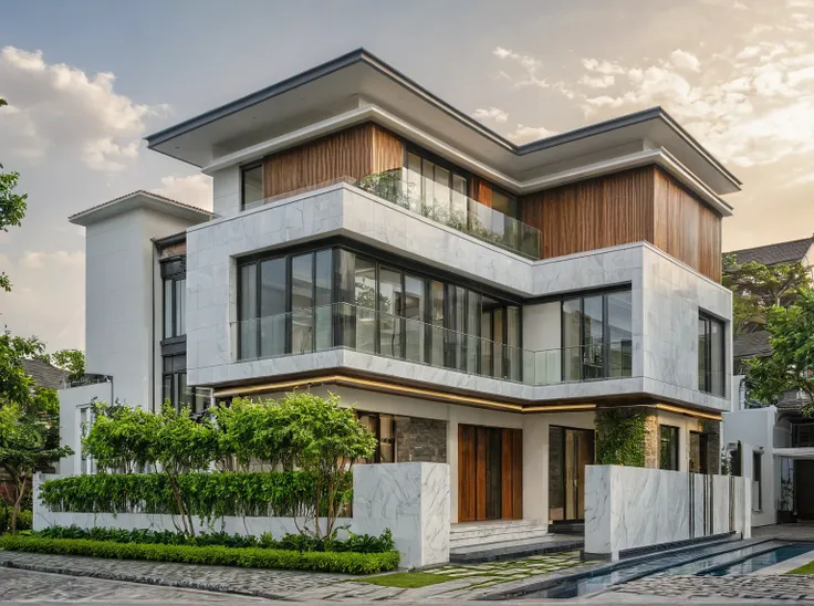 modern villa on street, (daylight), tropical tree, vivid colour, streetcapes, white tone, white wall, large glass door, warm int...