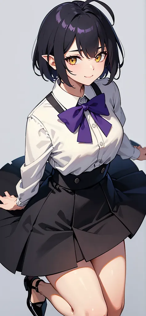 whole body, upright, front, shoes, One Woman, Black hair mixed with purple, Short hair to the shoulders, Hair between the eyes, Ahoge, Yellow Eyes, Pointed Ears, Tight white shirt with bow tie, tight black skirt, Place your arms at your sides, Open chest, ...