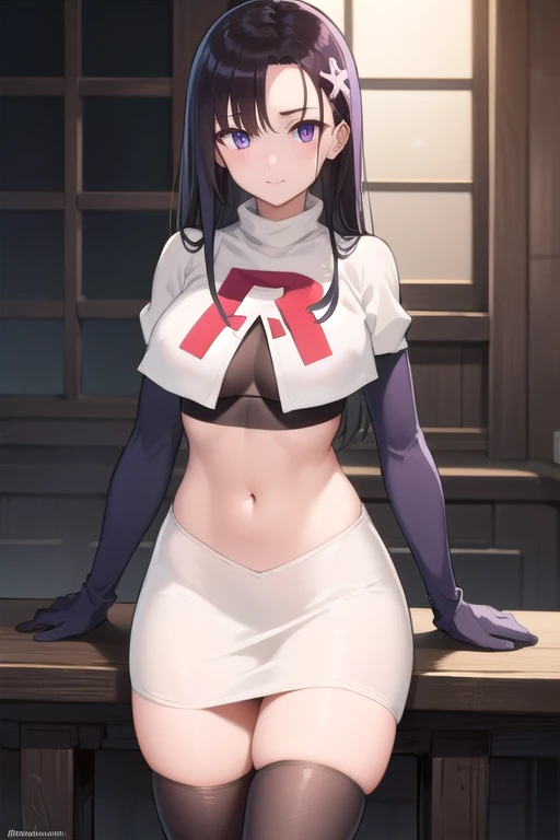 hitomihino, hitomi hino, long hair, black hair, hair ornament, (purple eyes:1.1),
BREAK team rocket,team rocket uniform,white skirt,red letter R,crop top,black thigh-highs,black elbow gloves,
BREAK looking at viewer, cowboy shot,
BREAK (masterpiece:1.2), b...