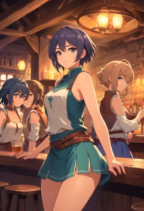 A group of female medieval fantasy adventurers, (in tavern), various hair styles, harem, night, details face, short skirt, seducing, sleeveless, armor, midriff